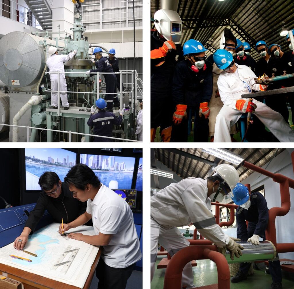 Collage of MIS trainees in engine room, deck and classroom training